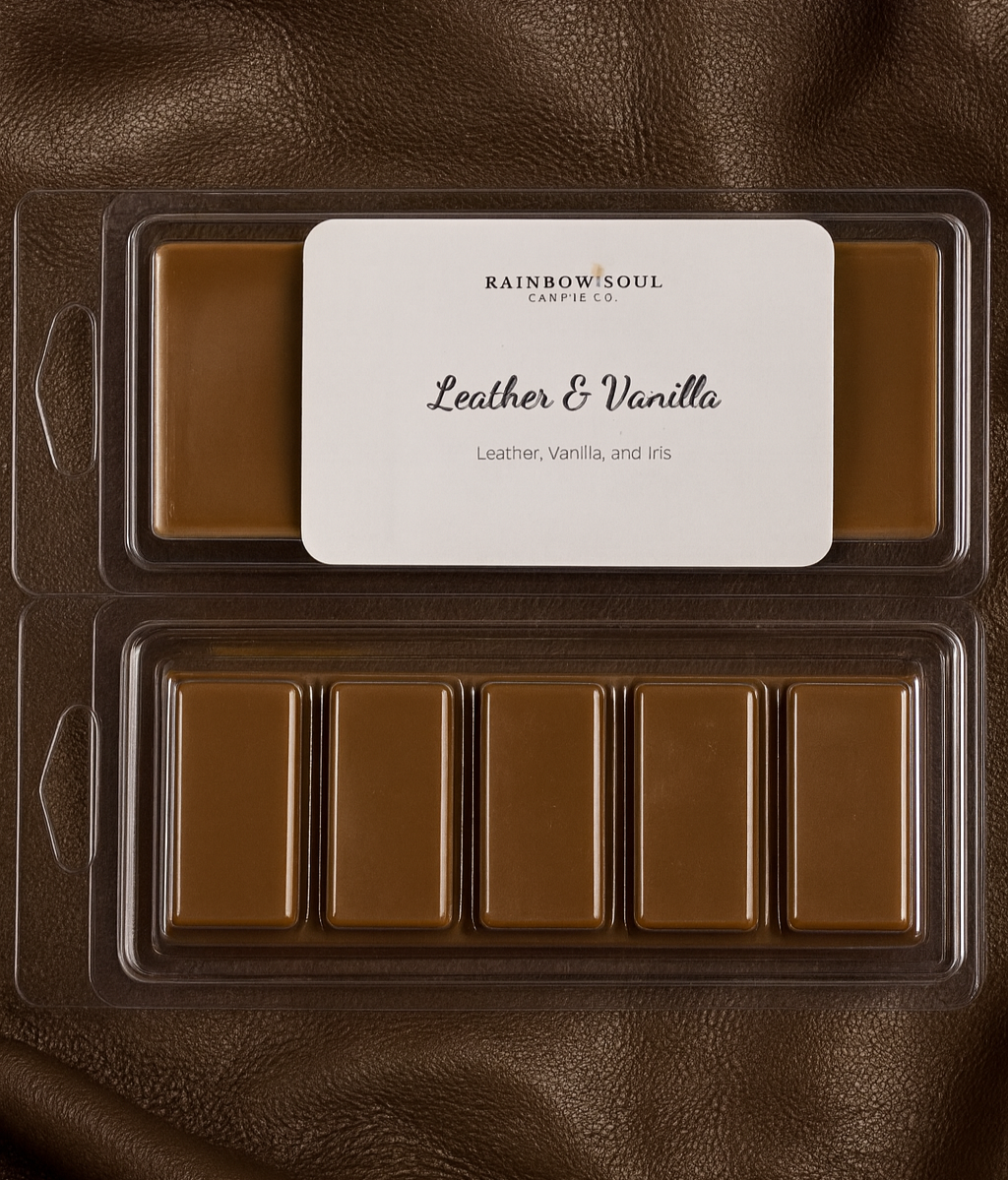 Packaged wax melt snap bars with a 'Rainbow Soul' label on a brown leather background