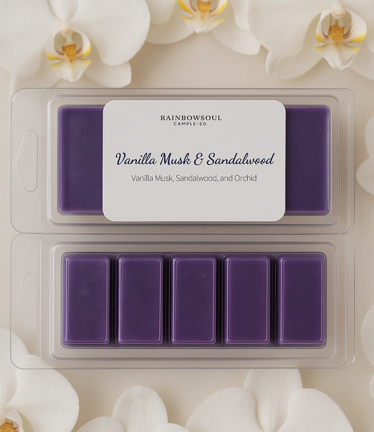 Pack of purple wax melts with a vanilla musk and sandalwood scent, surrounded by white orchids.