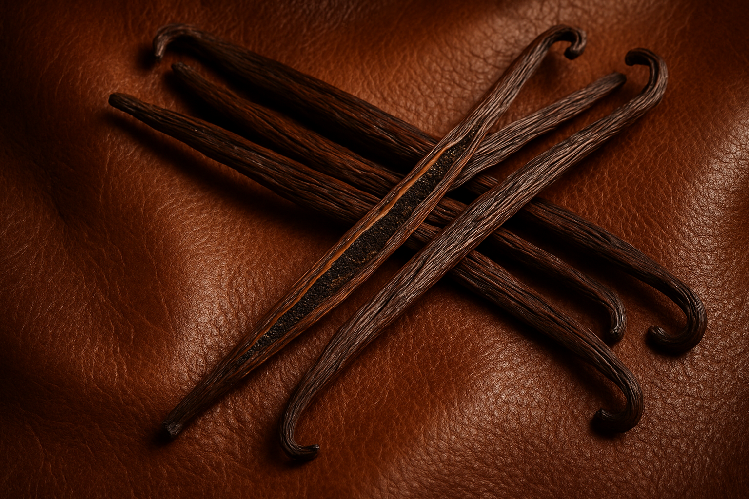 create an image of brown leather and vanilla bean