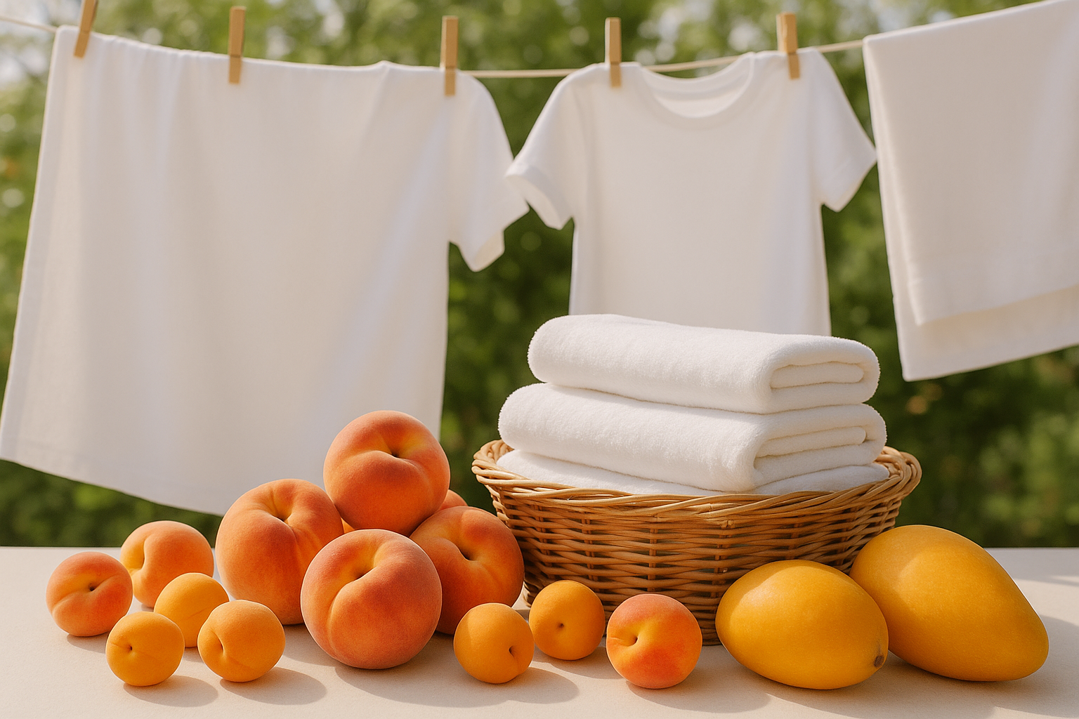 create an image of clean laundry with peaches, apricots, mango
